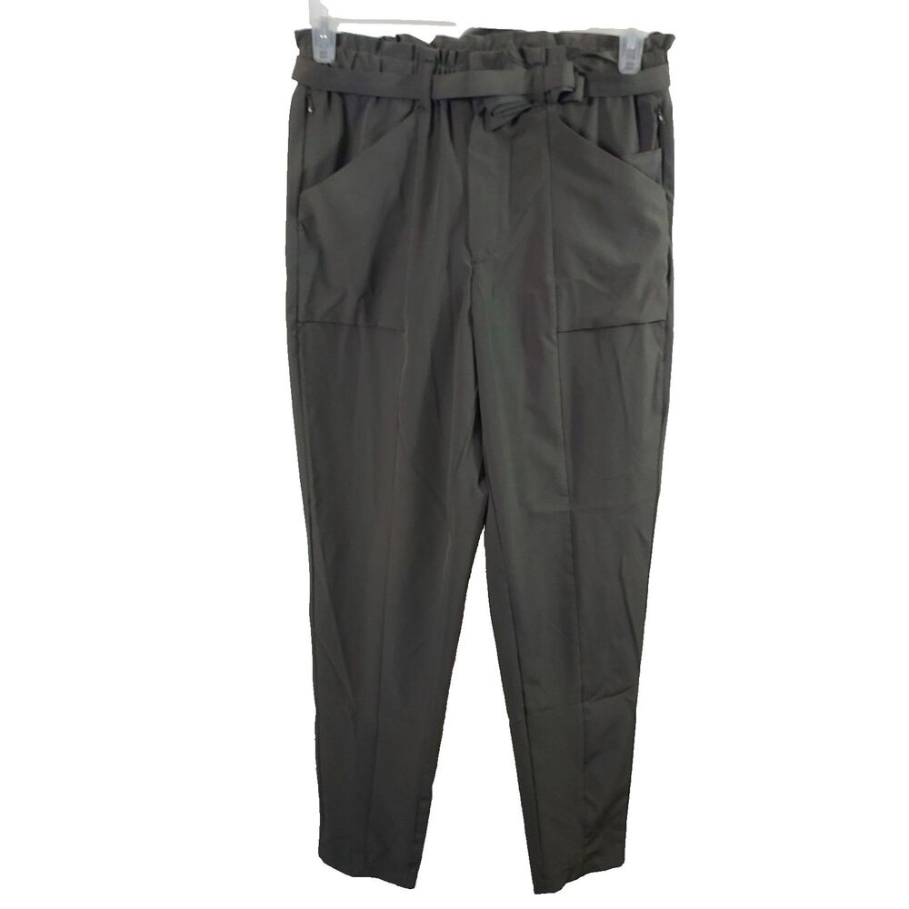 Modern Ambition Belted Paper-Bag Waist Pants size M Gray Stretch Pockets Travel
